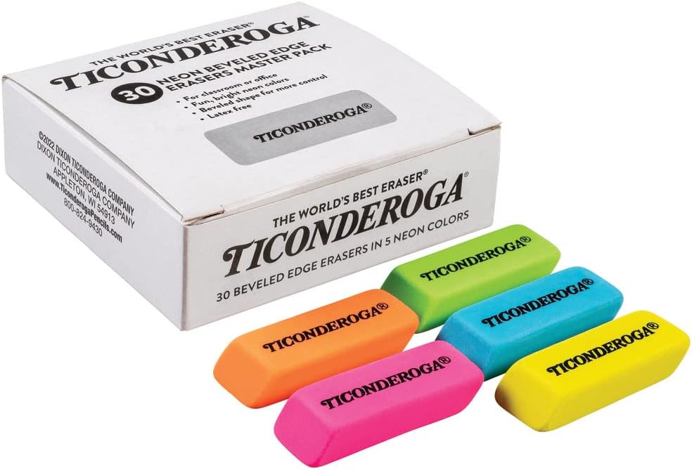 Ticonderoga Wedge Erasers. Neon Colors. 30 Count. Class Pack