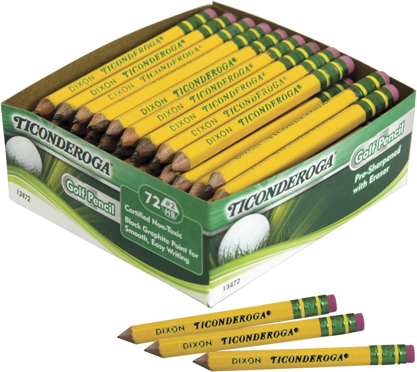 Ticonderoga Golf Pencils With Erasers. #2 HB Lead. Yellow. Pack Of 72