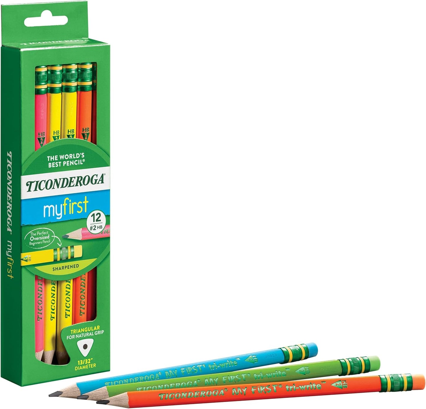 Ticonderoga My First Tri-Write Wood-Cased Pencils. Pre-Sharpened. 2 HB. With Erasers. Neon Colors. 12 Count