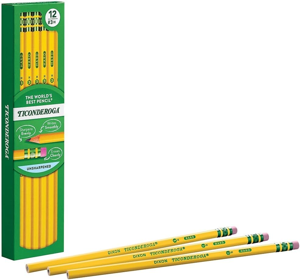 Ticonderoga Wood-Cased Pencils. Unsharpened. #3 H Hard. Yellow. 12 Count
