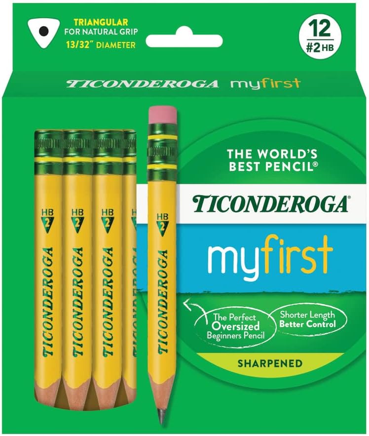 Ticonderoga My First Short Triangular Wood-Cased Pencils. #2 HB Soft. With Erasers. Yellow. 12 Count