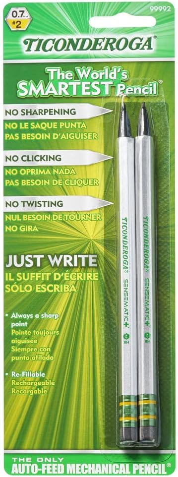 Ticonderoga Sensematic Mechanical Pencil. 0.7mm Lead. Silver. 2 Count