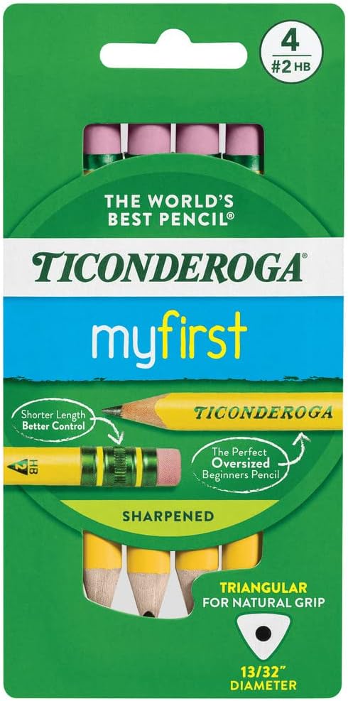 Ticonderoga My First Short Triangular Wood-Cased Pencils. #2 HB Soft. With Erasers. Yellow. 4 Count