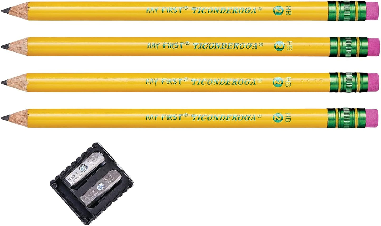 Ticonderoga My First Wood-Cased Pencils. Pre-Sharpened. 2 HB. With Sharpener. Yellow. 4 Count