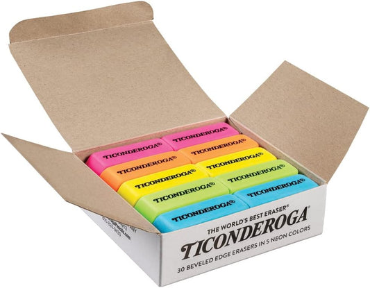 Ticonderoga Wedge Erasers. Neon Colors. 30 Count. Class Pack