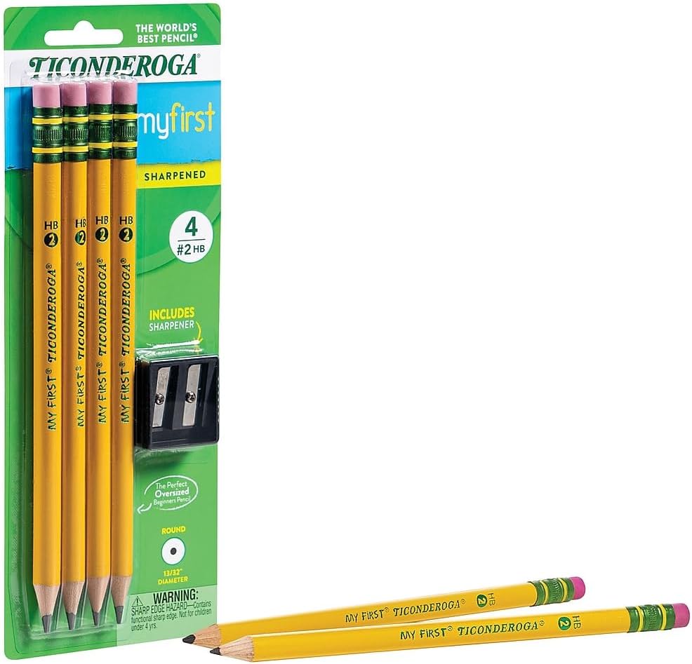 Ticonderoga My First Wood-Cased Pencils. Pre-Sharpened. 2 HB. With Sharpener. Yellow. 4 Count