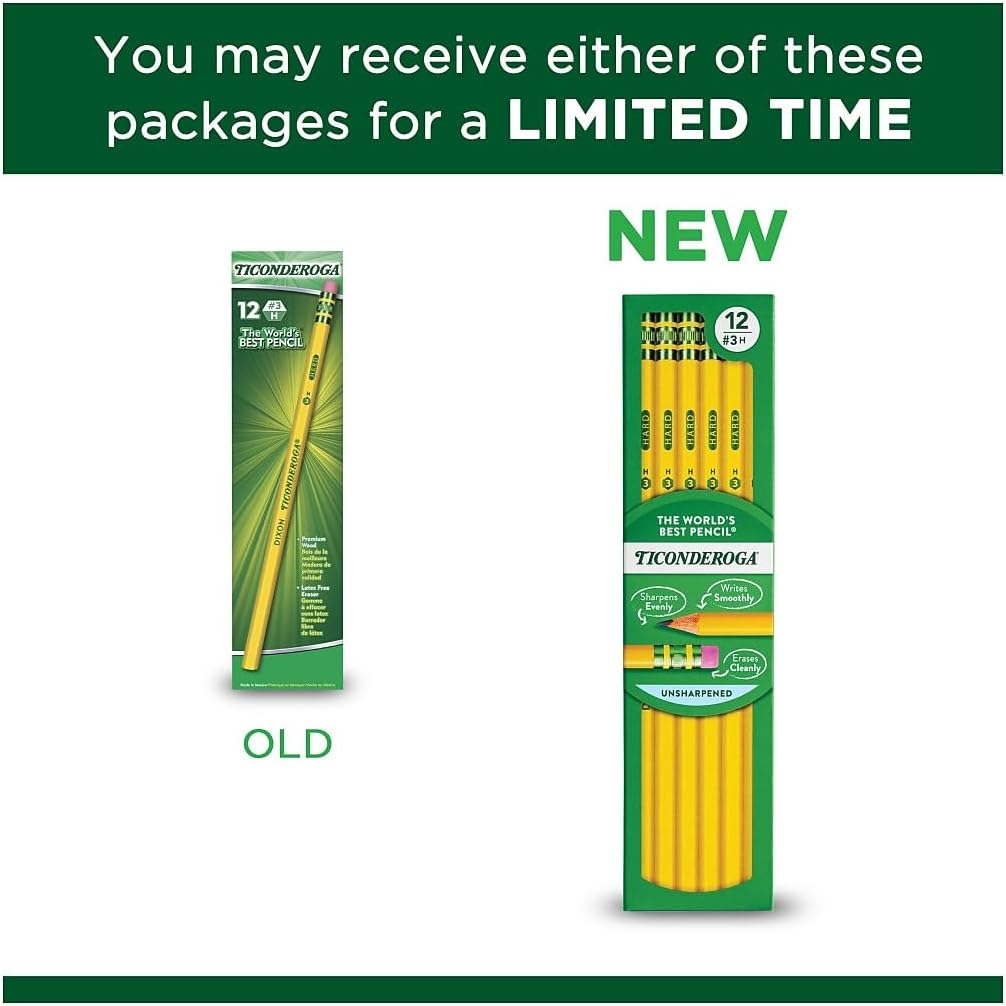 Ticonderoga Wood-Cased Pencils. Unsharpened. #3 H Hard. Yellow. 12 Count