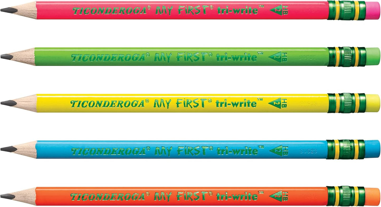 Ticonderoga My First Tri-Write Wood-Cased Pencils. Pre-Sharpened. 2 HB. With Erasers. Neon Colors. 12 Count