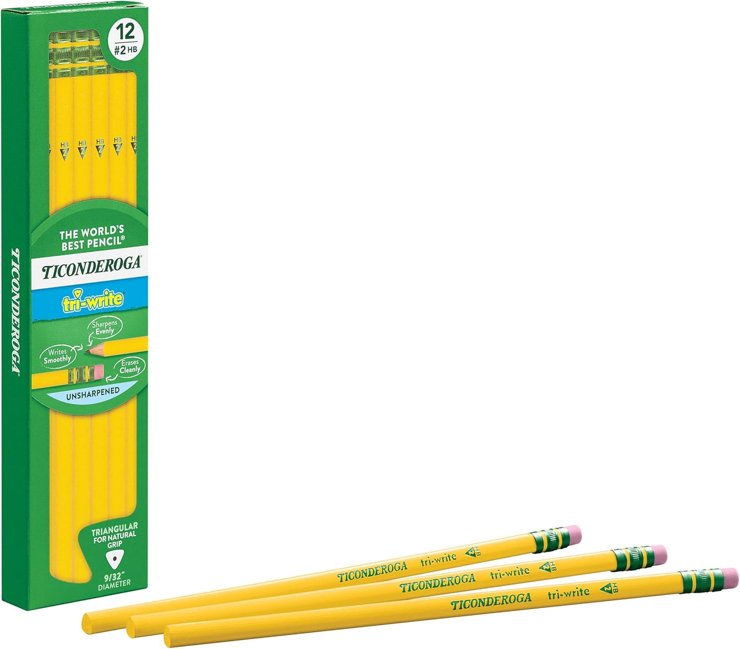Ticonderoga Tri-Write Wood-Cased Pencils. 2HB Soft. Yellow. 12 Count