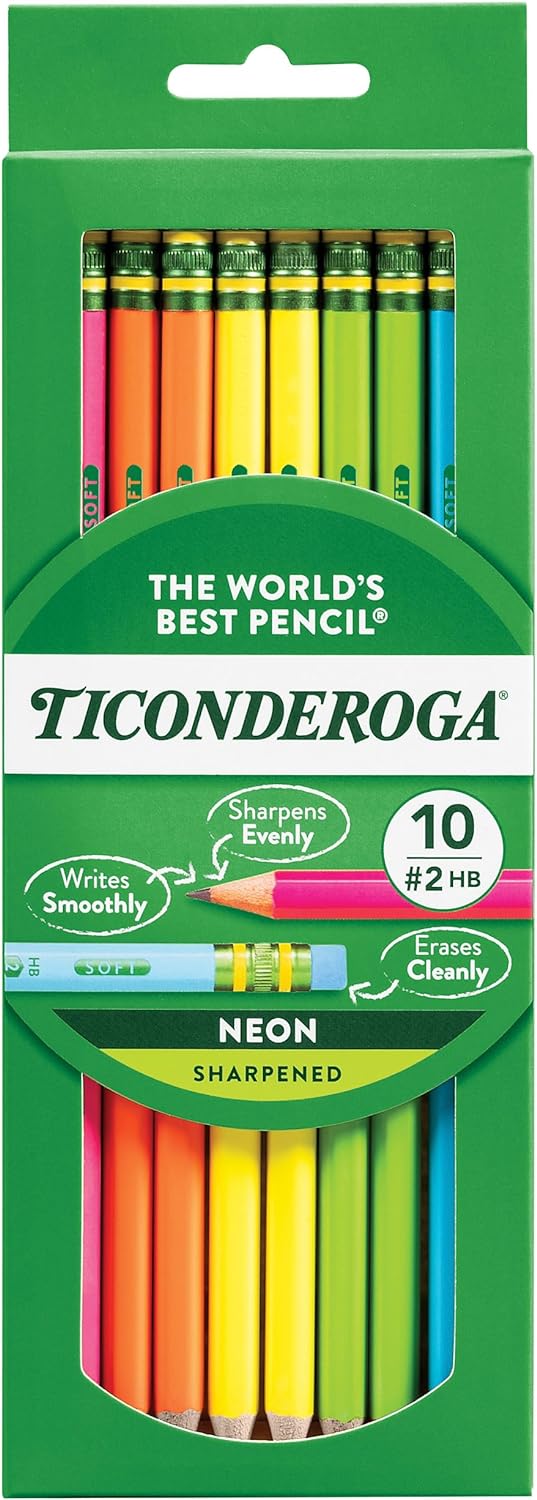 Ticonderoga Wood-Cased Pencils. Pre-Sharpened. #2 HB Soft. Neon Colors. 10 Count