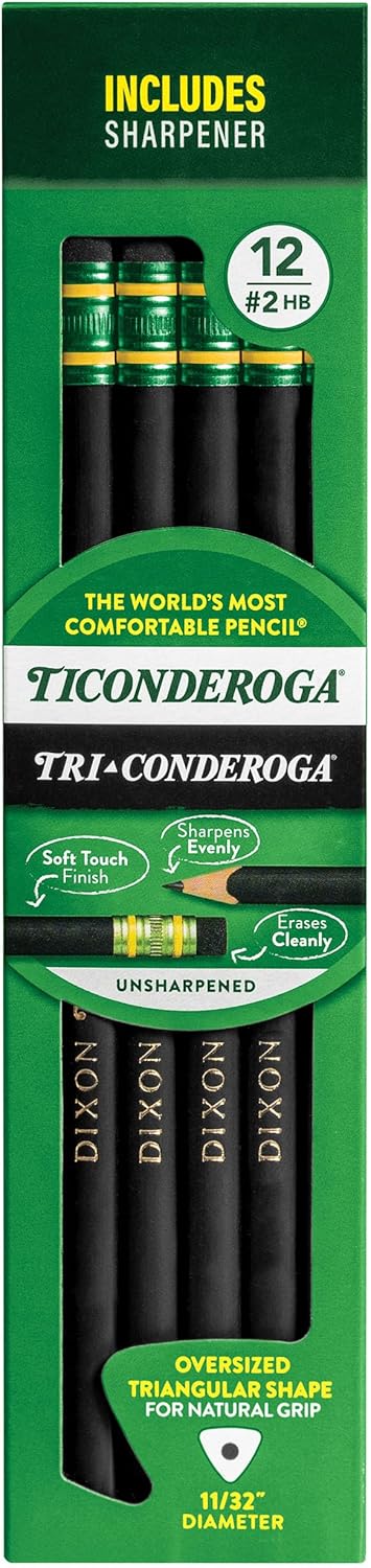 Ticonderoga Tri-Conderoga Triangular Pencils. Wood-Cased #2. Sharpener. Soft Touch Comfort Barrel. Black. 12-Pack (22500)
