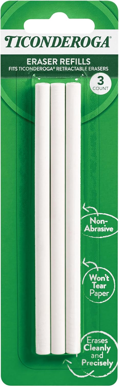 Ticonderoga Retractable Eraser Refills. White. 3 Count. 6 Packs (X38003)