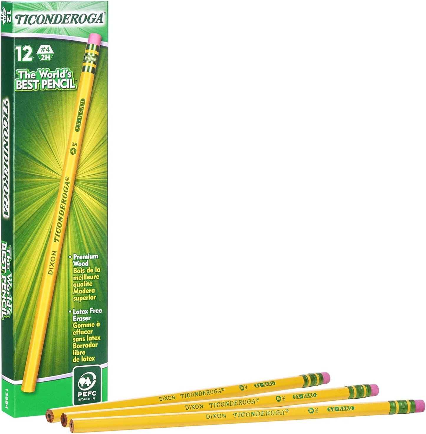 Ticonderoga Wood-Cased Pencils. Unsharpened. #4 2H Extra Hard. Yellow. 12 Count
