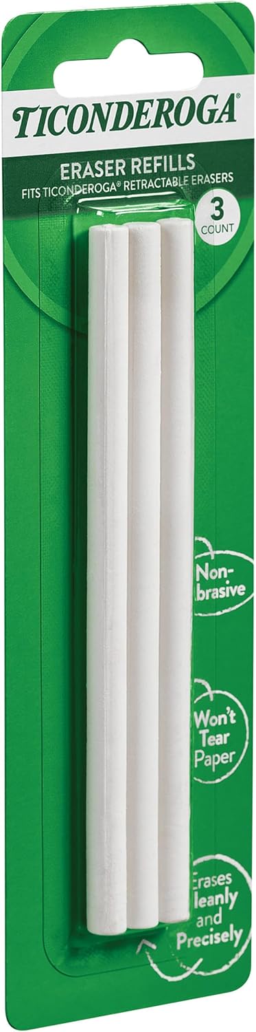 Ticonderoga Retractable Eraser Refills. White. 3 Count. 6 Packs (X38003)