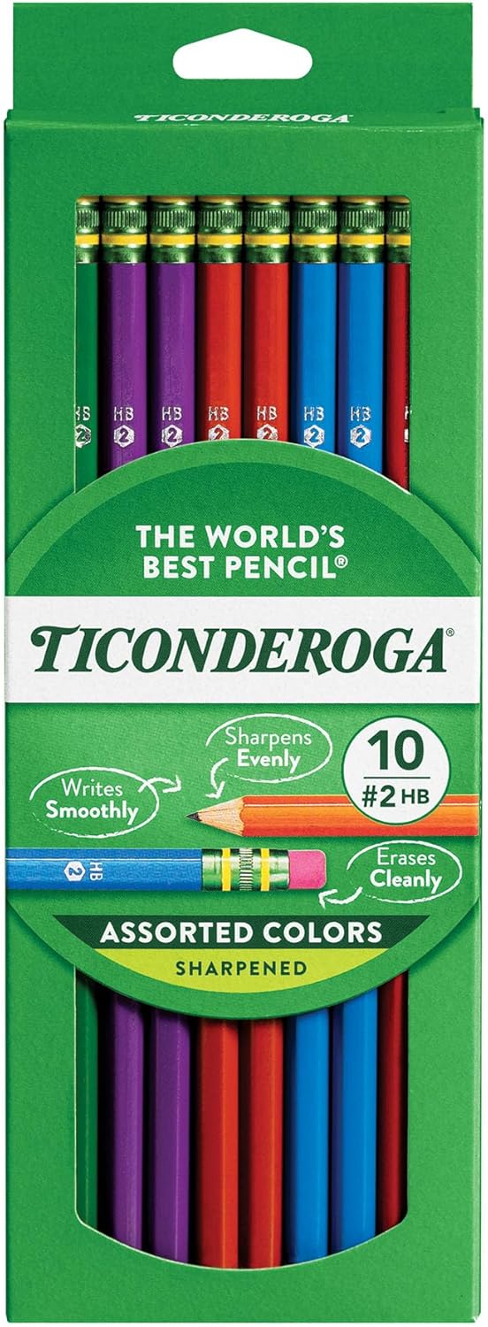 TICONDEROGA Pencils. Wood-Cased Graphite. #2 HB Soft. Pre-Sharpened. Assorted Color Barrels. Black Lead. 10-Pack (13932)