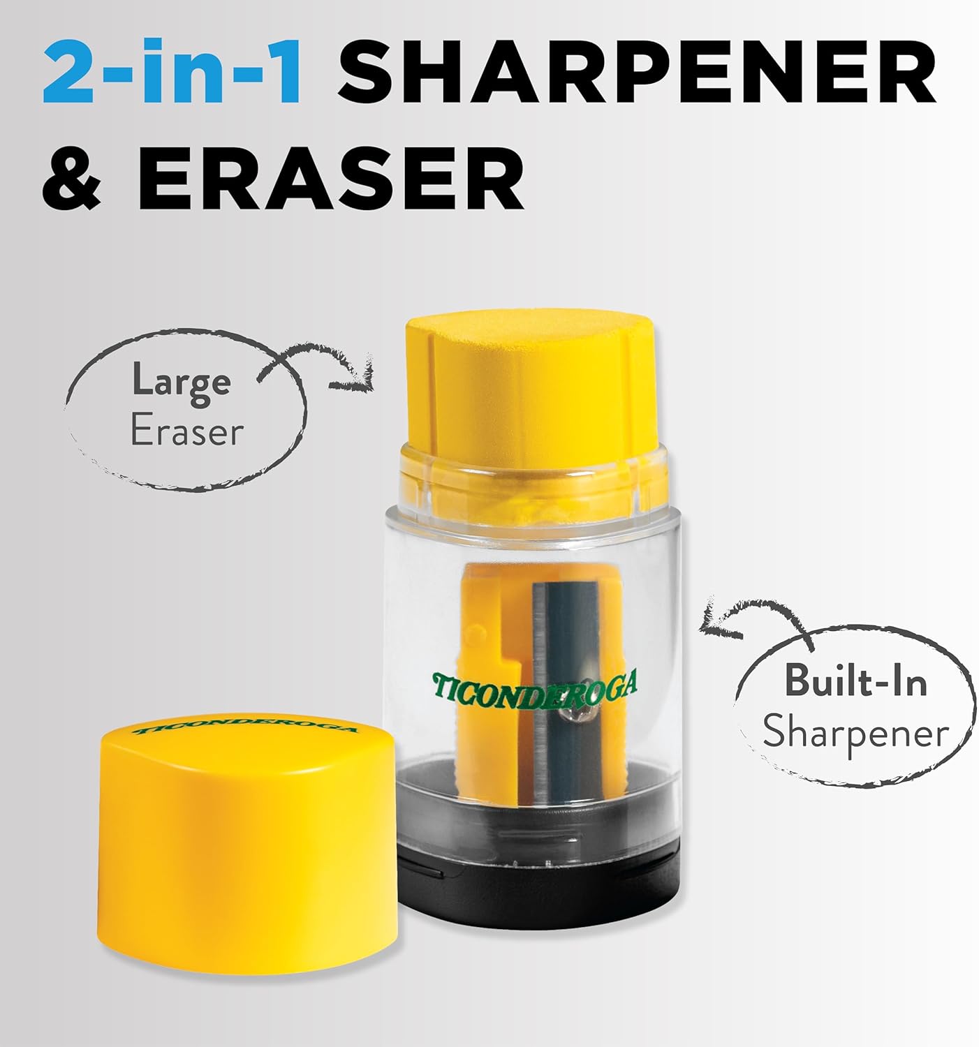 Ticonderoga Duo 2-in-1 Pencil Sharpener & Eraser. Yellow. 6 Count
