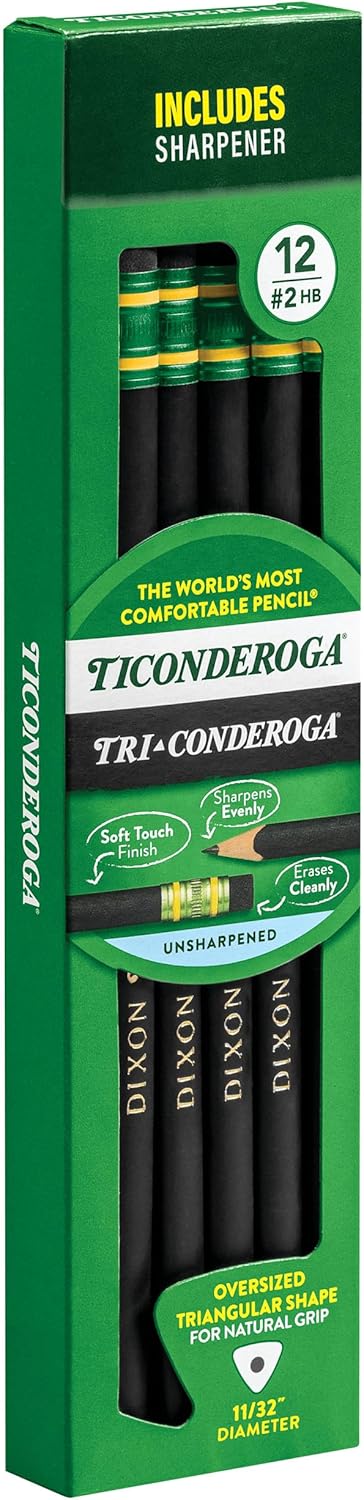 Ticonderoga Tri-Conderoga Triangular Pencils. Wood-Cased #2. Sharpener. Soft Touch Comfort Barrel. Black. (22500) (Pack of 6. 72 Count Total)