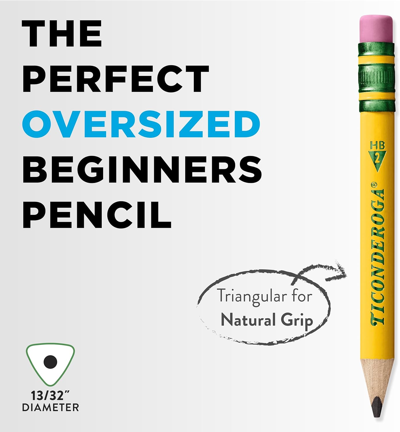 Ticonderoga My First Short Triangular Wood-Cased Pencils. #2 HB Soft. With Erasers. Yellow. 12 Count