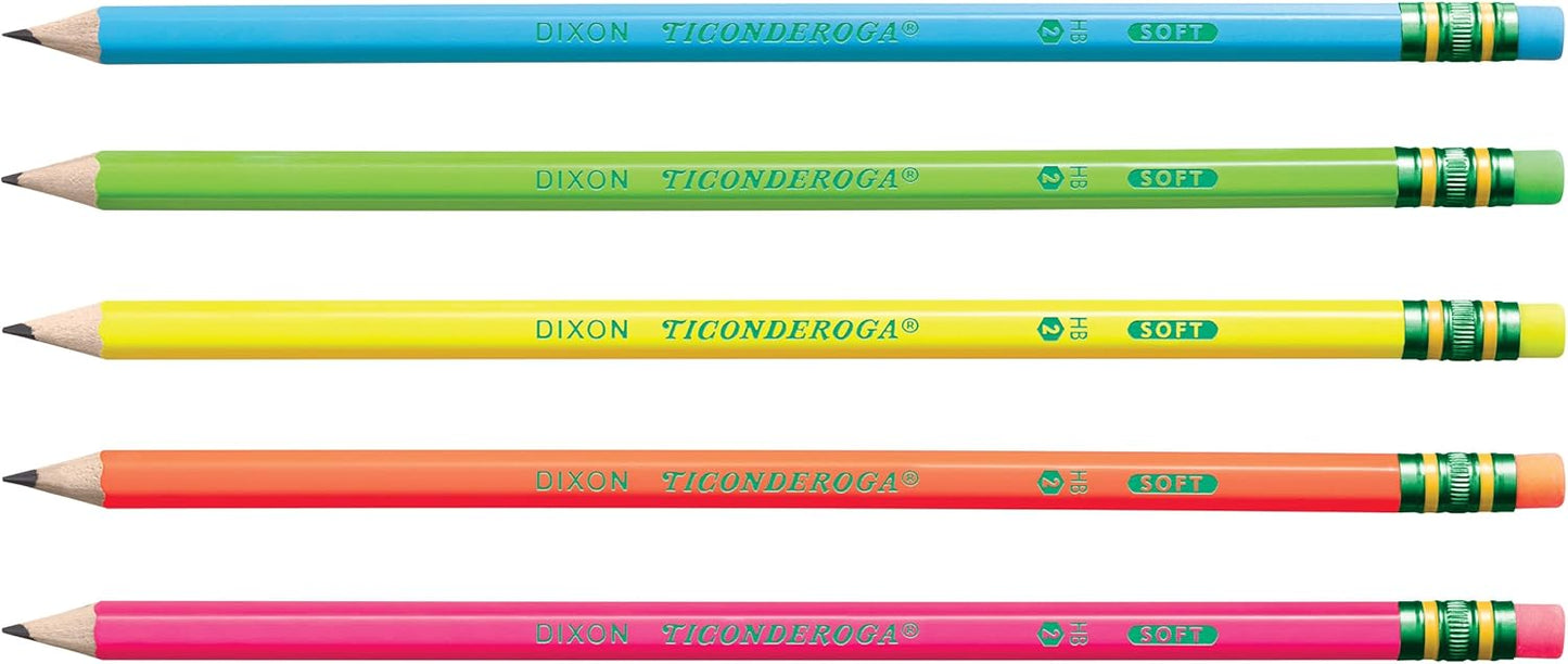 Ticonderoga Wood-Cased Pencils. Pre-Sharpened. #2 HB Soft. Neon Colors. 18 Count
