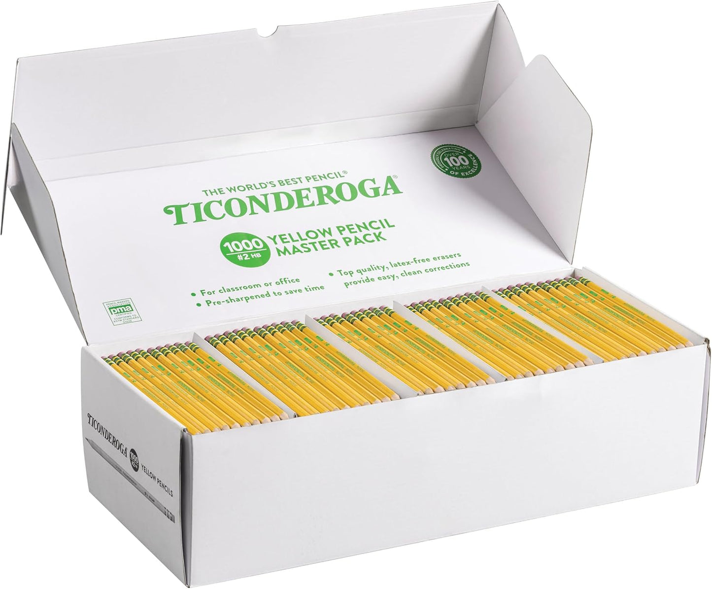 Ticonderoga Wood-Cased Pencils. Pre-Sharpened. #2 HB Soft. Yellow. 1000 Count