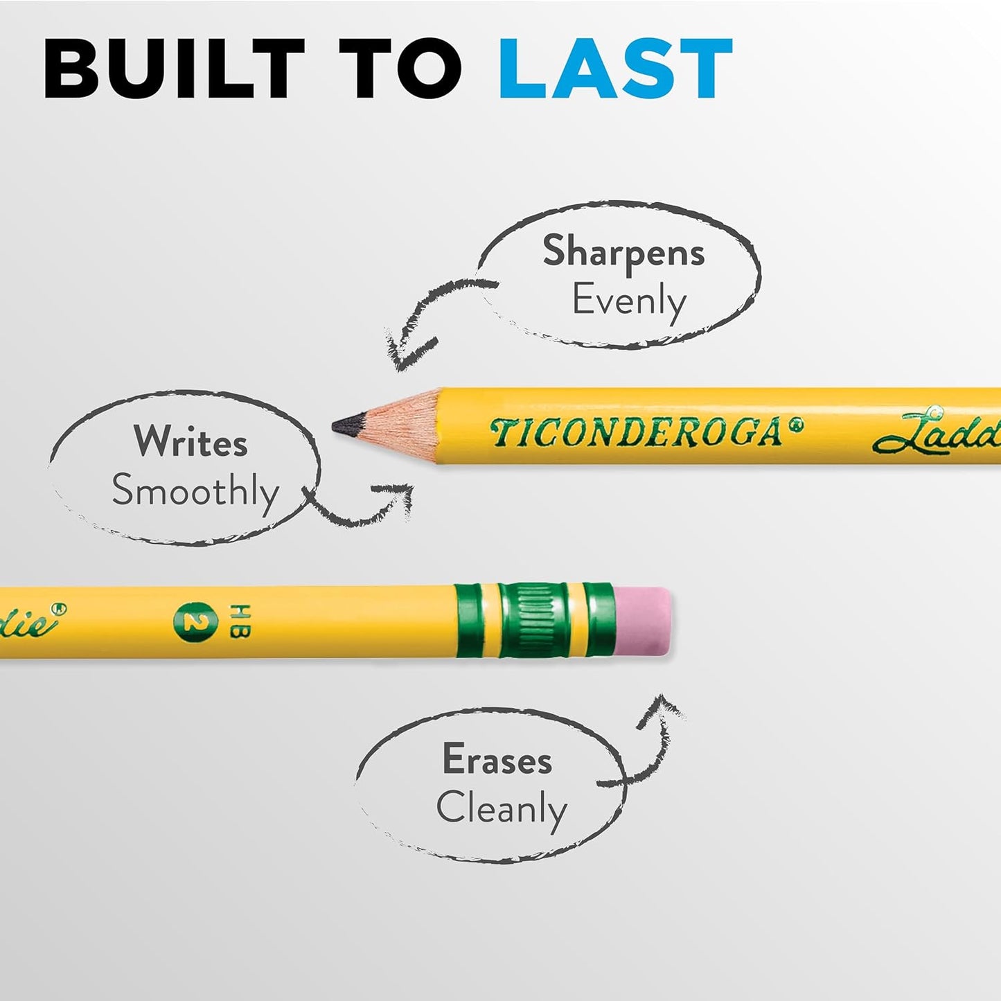 Ticonderoga Laddie Wood-Cased Pencils. 2 HB Soft. With Erasers. Yellow. 12 Count