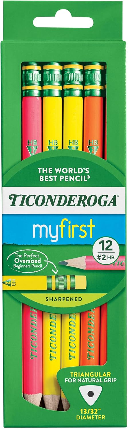 Ticonderoga My First Tri-Write Wood-Cased Pencils. Pre-Sharpened. 2 HB. With Erasers. Neon Colors. 12 Count