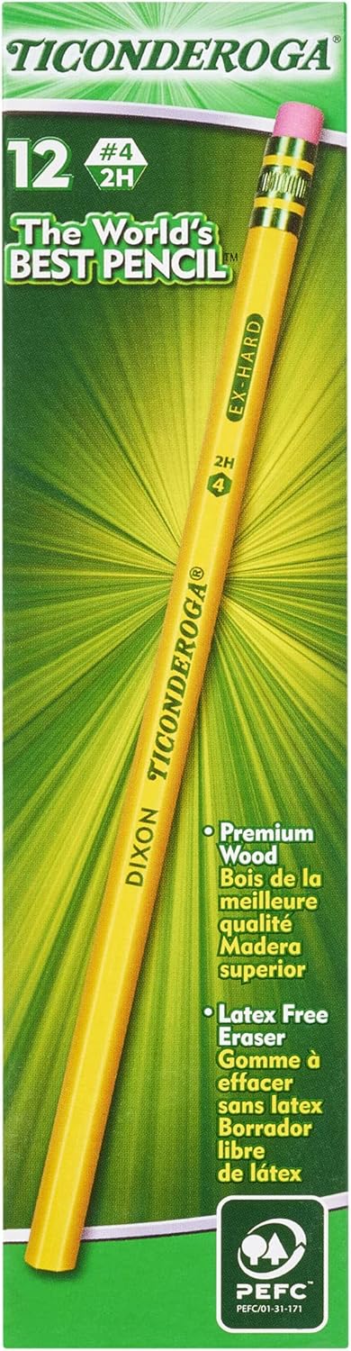 Ticonderoga Wood-Cased Pencils. Unsharpened. #4 2H Extra Hard. Yellow. 12 Count