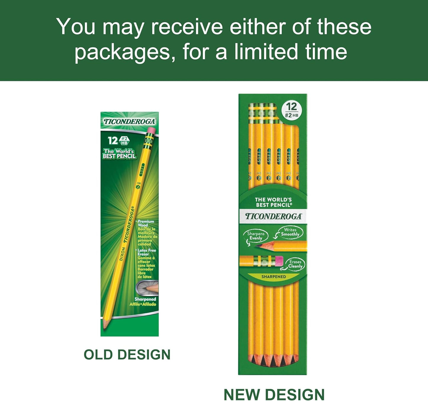 Ticonderoga Wood-Cased Pencils. Pre-Sharpened. 2 HB Soft. Yellow. 12 Count