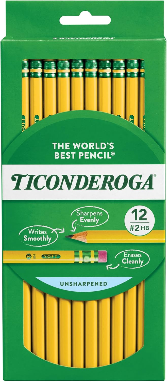 Ticonderoga Wood-Cased Pencils. Unsharpened. 2 HB Soft. Yellow. 12 Count