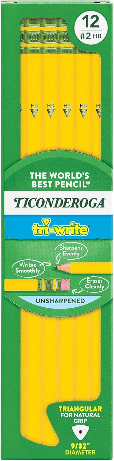 Ticonderoga Tri-Write Wood-Cased Pencils. 2HB Soft. Yellow. 12 Count