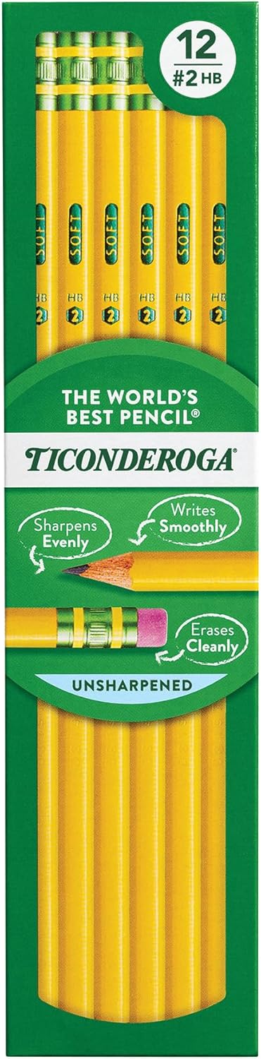 Ticonderoga Wood-Cased Pencils. Unsharpened. #2 HB Soft. Yellow. 12 Count