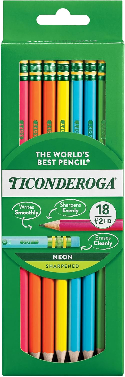 Ticonderoga Wood-Cased Pencils. Pre-Sharpened. #2 HB Soft. Neon Colors. 18 Count