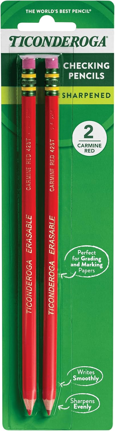 TICONDEROGA Erasable Checking Pencils. Pre-Sharpened with Eraser. Red. Pack of 2 (13901)