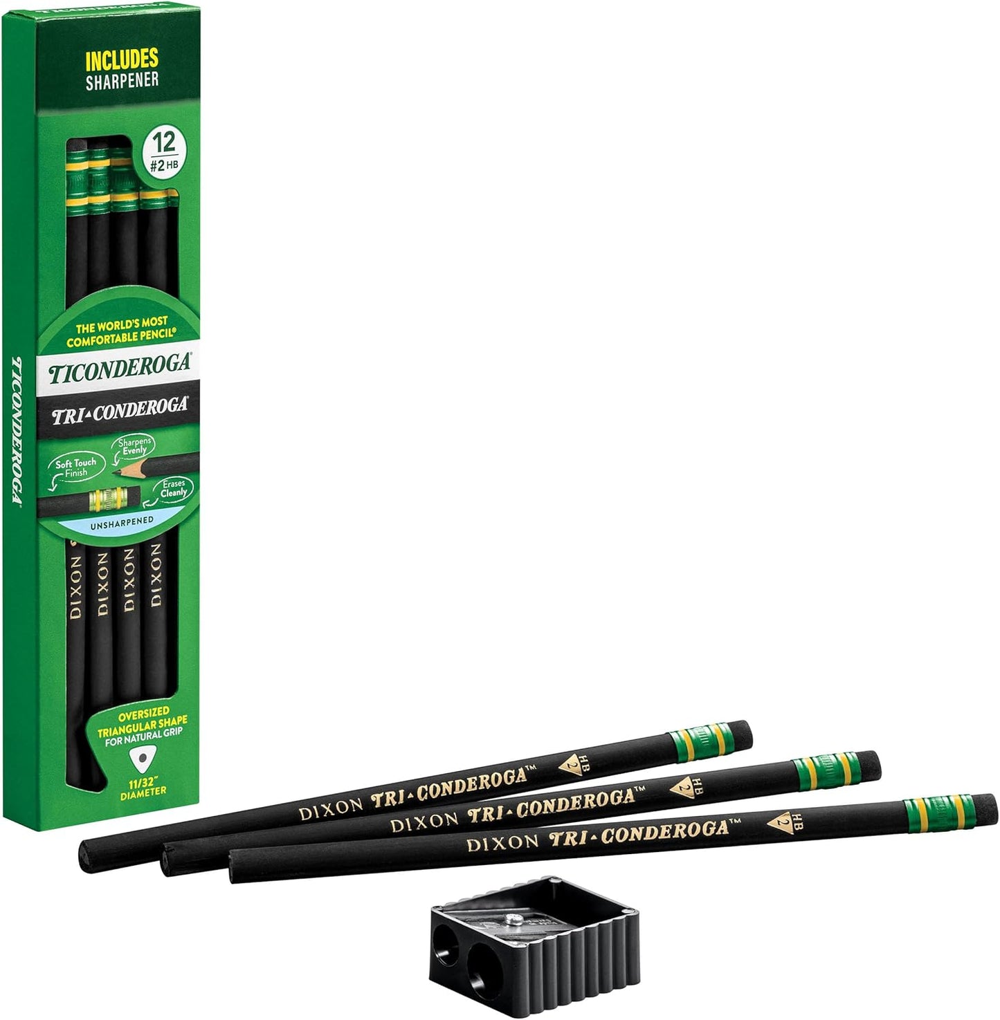 Ticonderoga Tri-Conderoga Triangular Pencils. Wood-Cased #2. Sharpener. Soft Touch Comfort Barrel. Black. 12-Pack (22500)