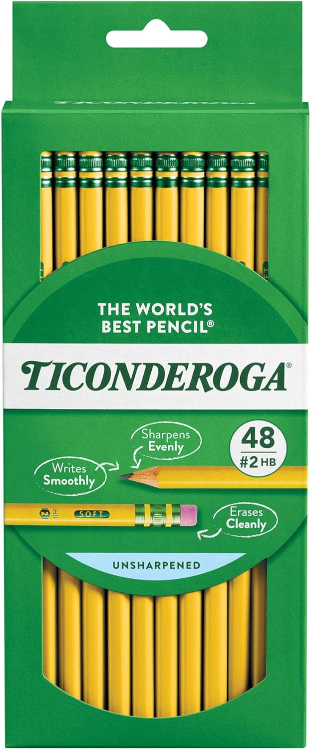 Ticonderoga Wood-Cased Pencils. Unsharpened. 2 HB Soft. Yellow. 48 Count