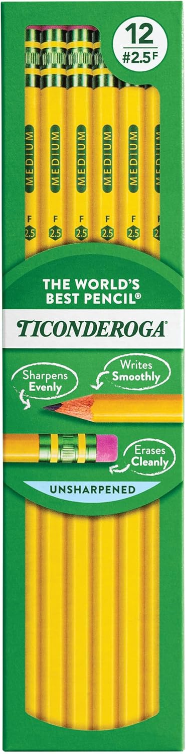 Ticonderoga Wood-Cased Pencils. Unsharpened. #2.5 F Medium. Yellow. 12 Count