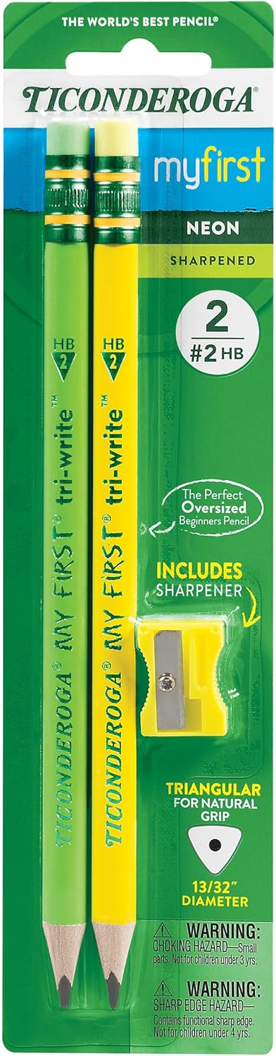 Ticonderoga My First Tri-Write Wood-Cased Pencils with Sharpener. Pre-Sharpened. 2 HB. With Erasers. Neon Colors. 2 Count. 6 Packs