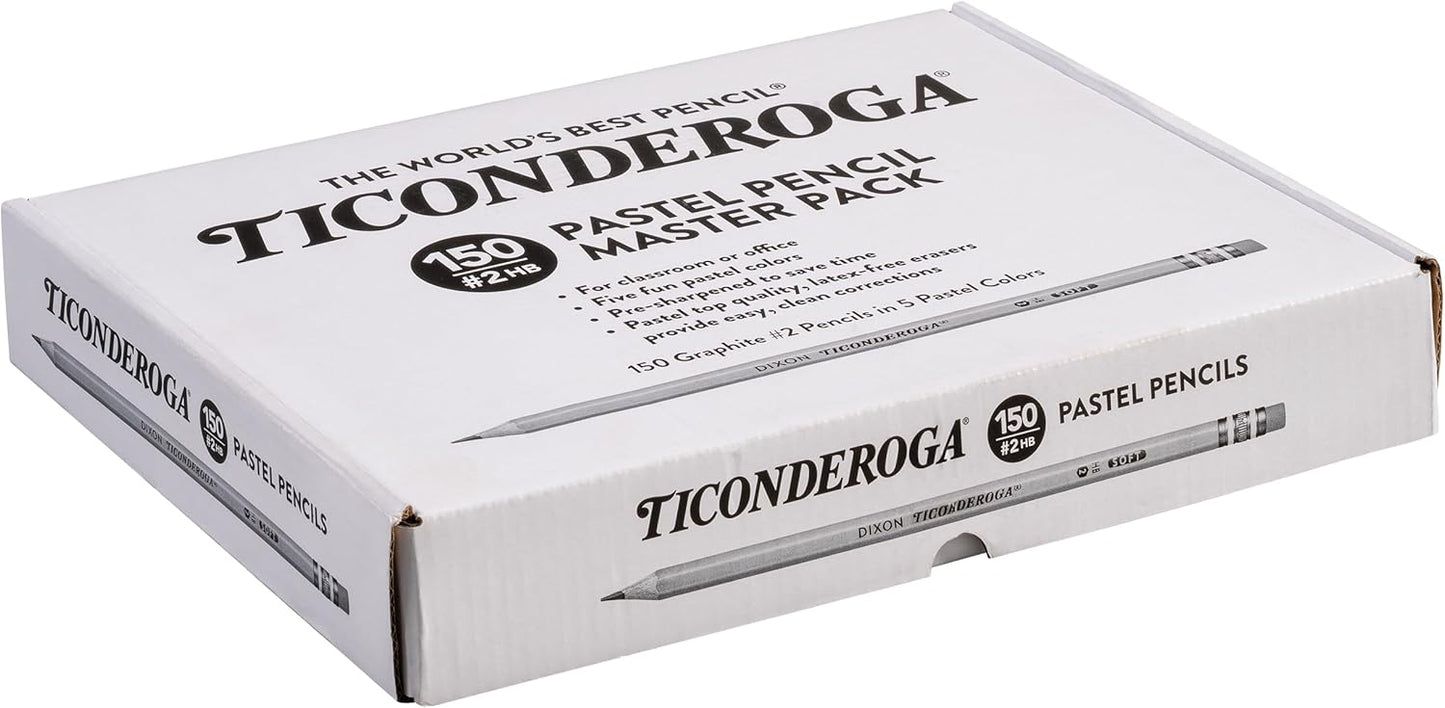 Ticonderoga Wood-Cased Pencils. Pre-Sharpened. 2 HB Soft. Pastel Colors. 150 Count