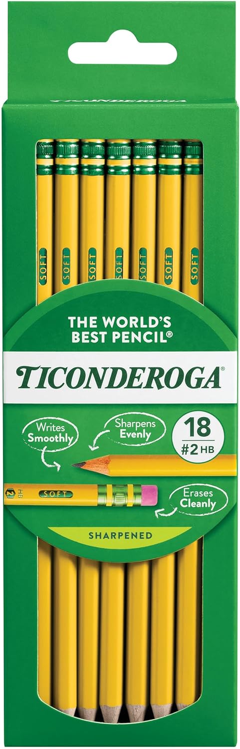 Ticonderoga Wood-Cased Pencils. Pre-Sharpened. #2 HB Soft. Yellow. 18 Count