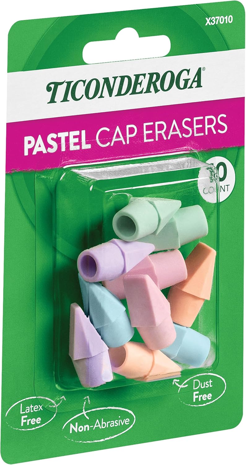 Ticonderoga Pencil Cap Erasers. Assorted Pastel Colors. 10 Count