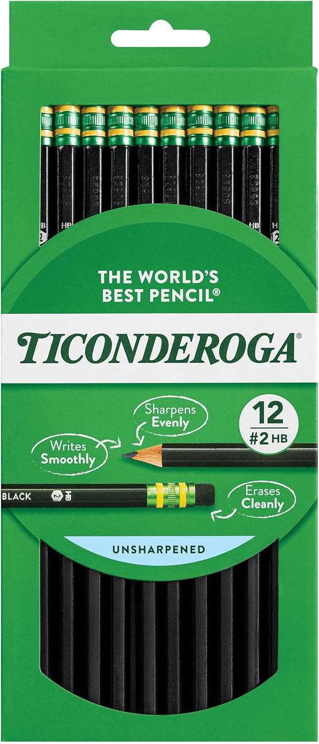 Ticonderoga Wood-Cased Pencils. Unsharpened. #2 HB Soft. Black. 12 Count