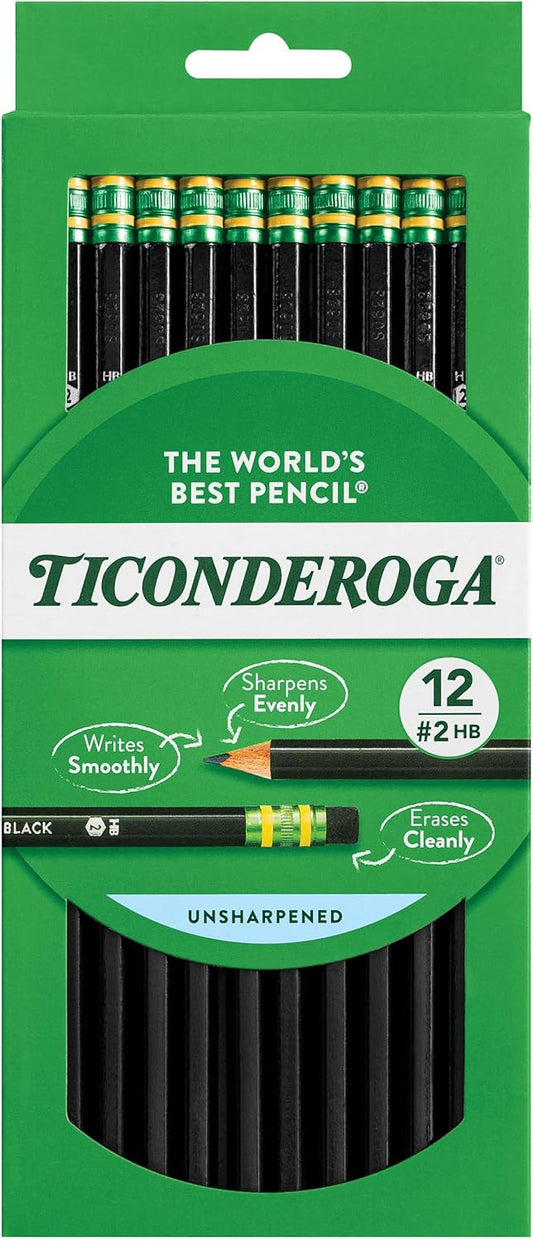 Ticonderoga Wood-Cased Pencils. Unsharpened. #2 HB Soft. Black. 12 Count