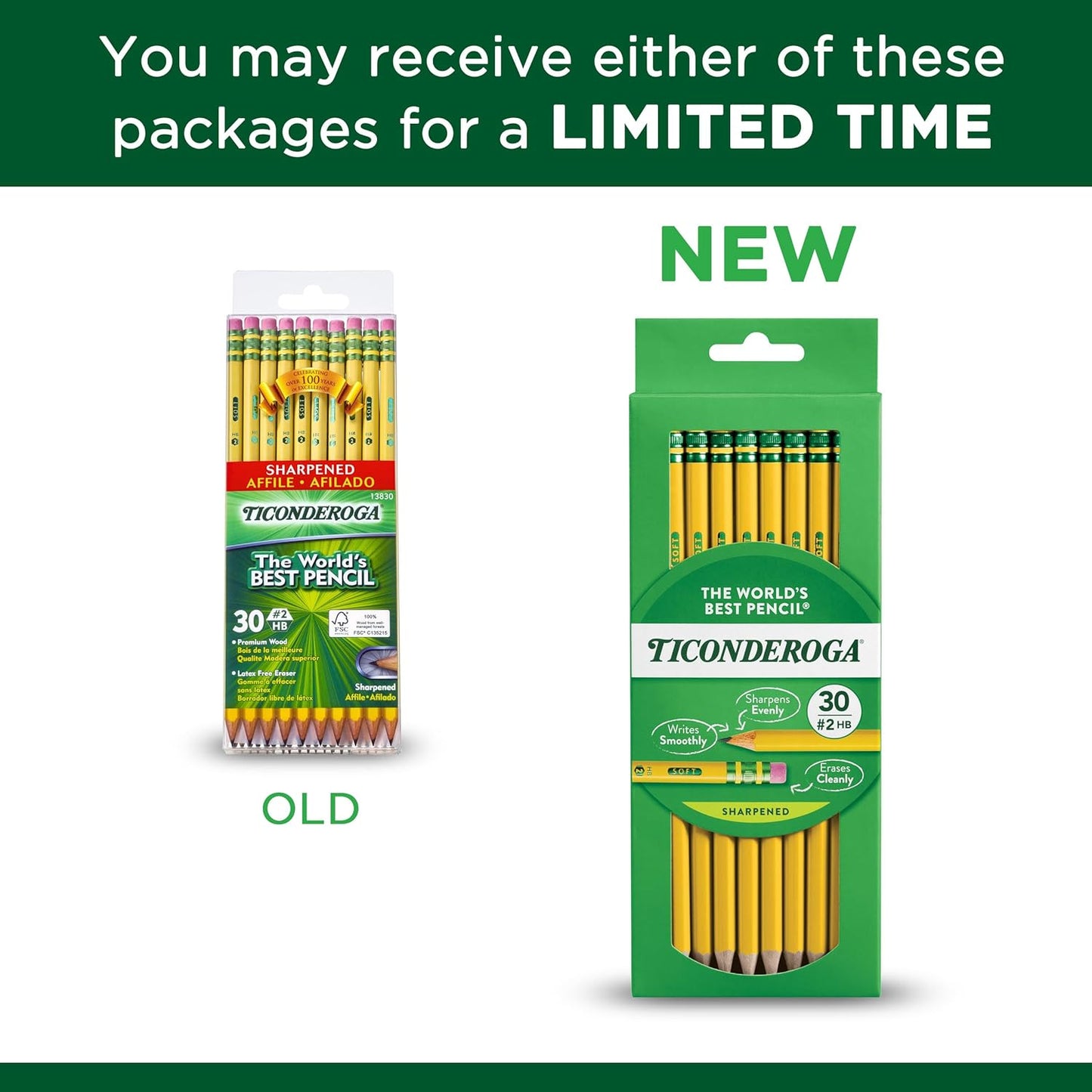 Ticonderoga Wood-Cased Pencils. Pre-Sharpened. 2 HB Soft. Yellow. 30 Count. 6 Packs/180 Count Total