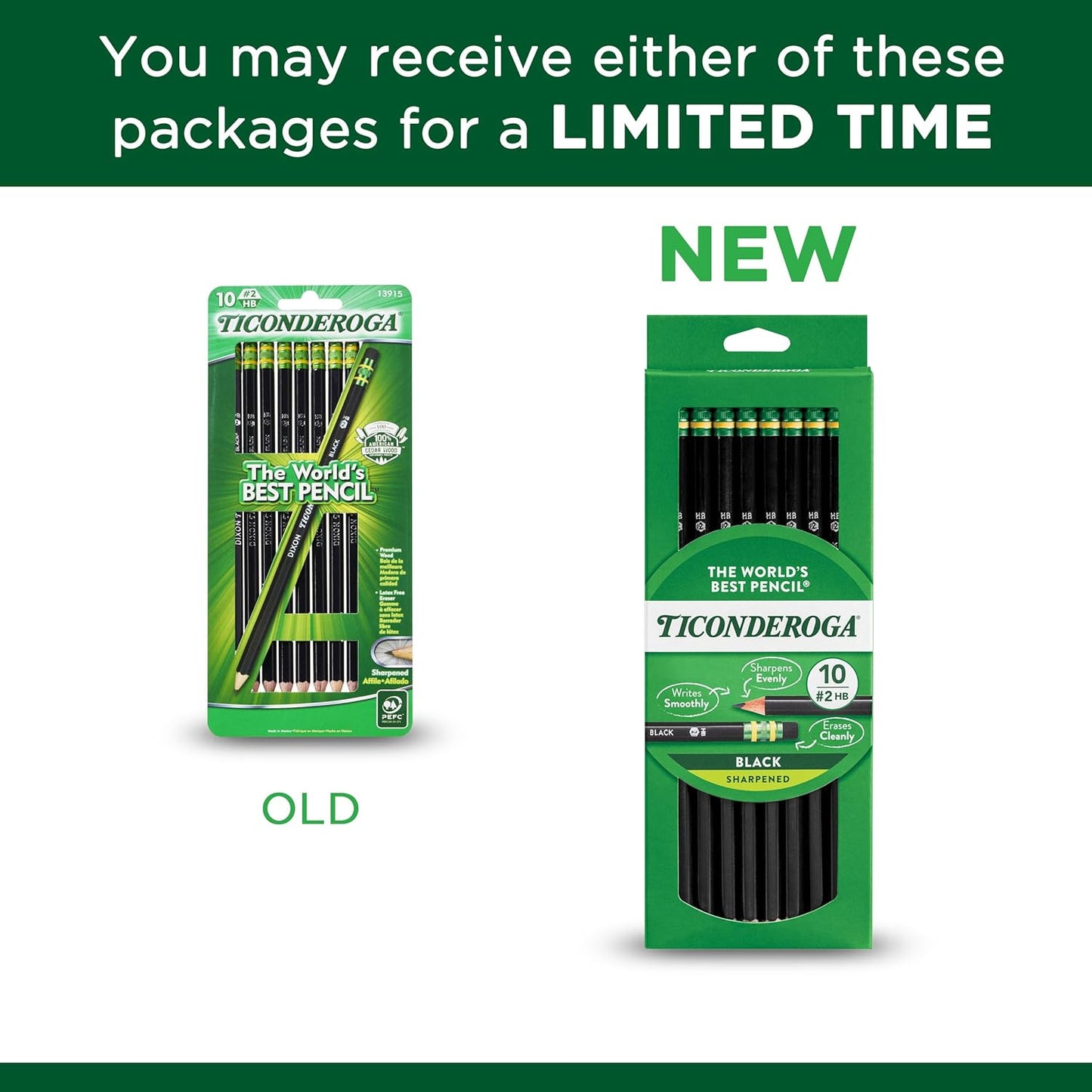 Ticonderoga Wood-Cased Pencils. Pre-Sharpened. 2 HB Soft. Black. 10 Count