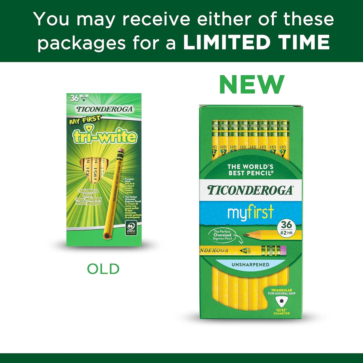 Ticonderoga My First Tri-Write Wood-Cased Pencils. Unsharpened. 2 HB Soft. With Erasers. Yellow. 36 Count