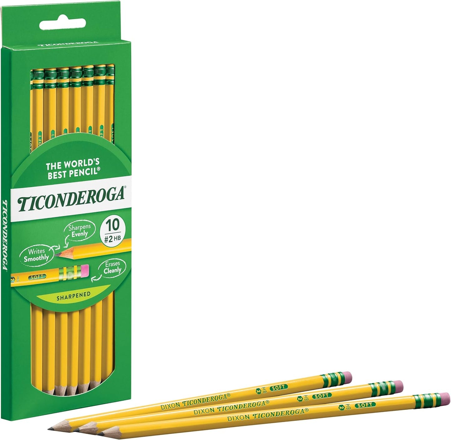 Ticonderoga Wood-Cased Pencils. Pre-Sharpened. 2 HB Soft. Yellow. 10 Count