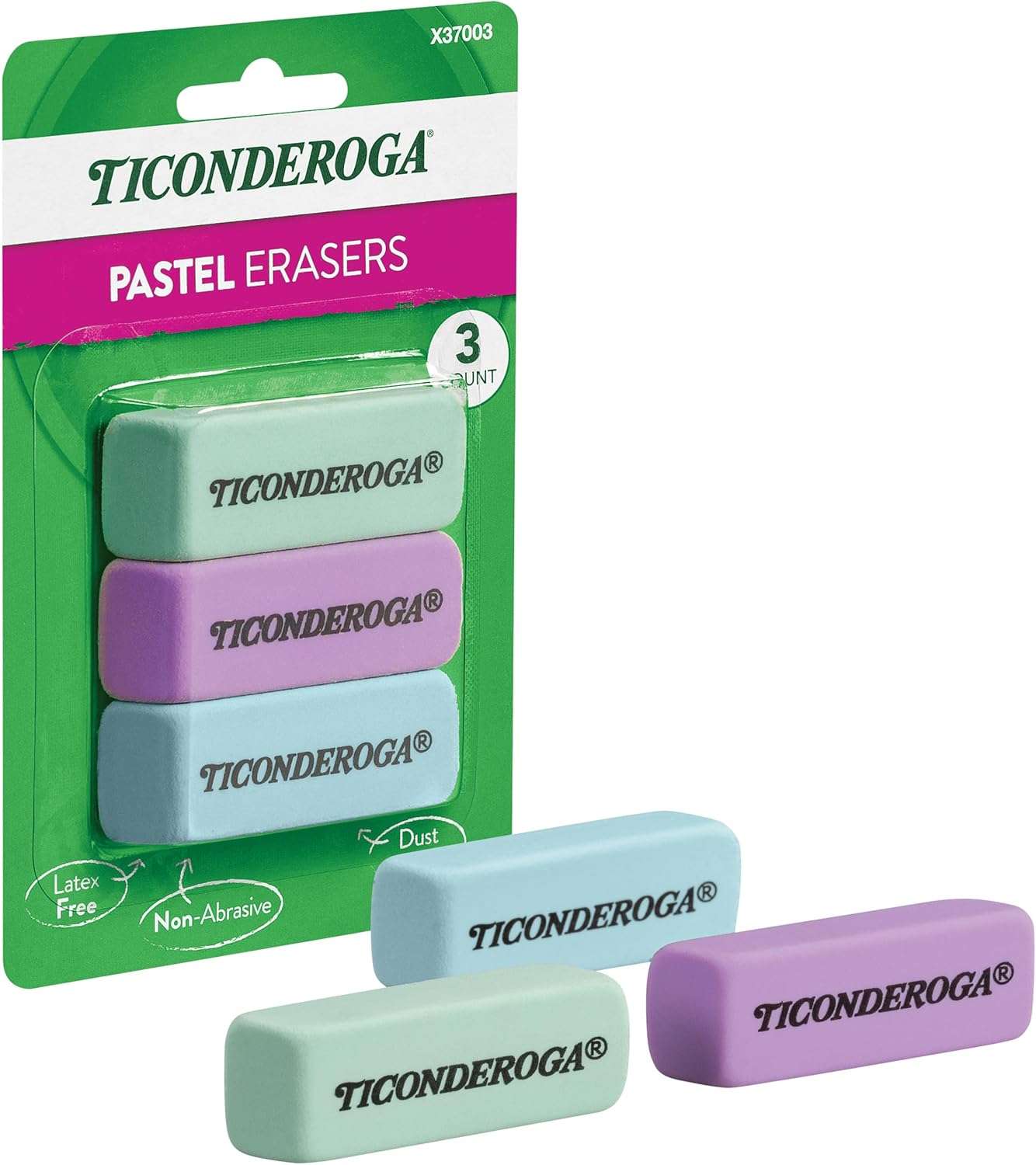 Ticonderoga Wedge Erasers. Pastel Colors. 3 Count