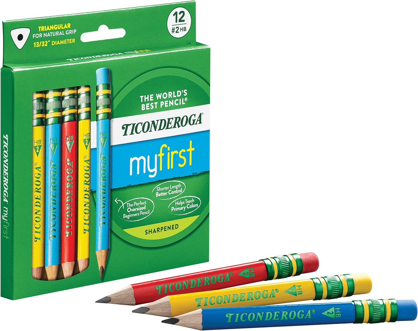 Ticonderoga My First Short Triangular Wood-Cased Pencils. #2 HB Soft. With Erasers. Primary Colors. 12 Count