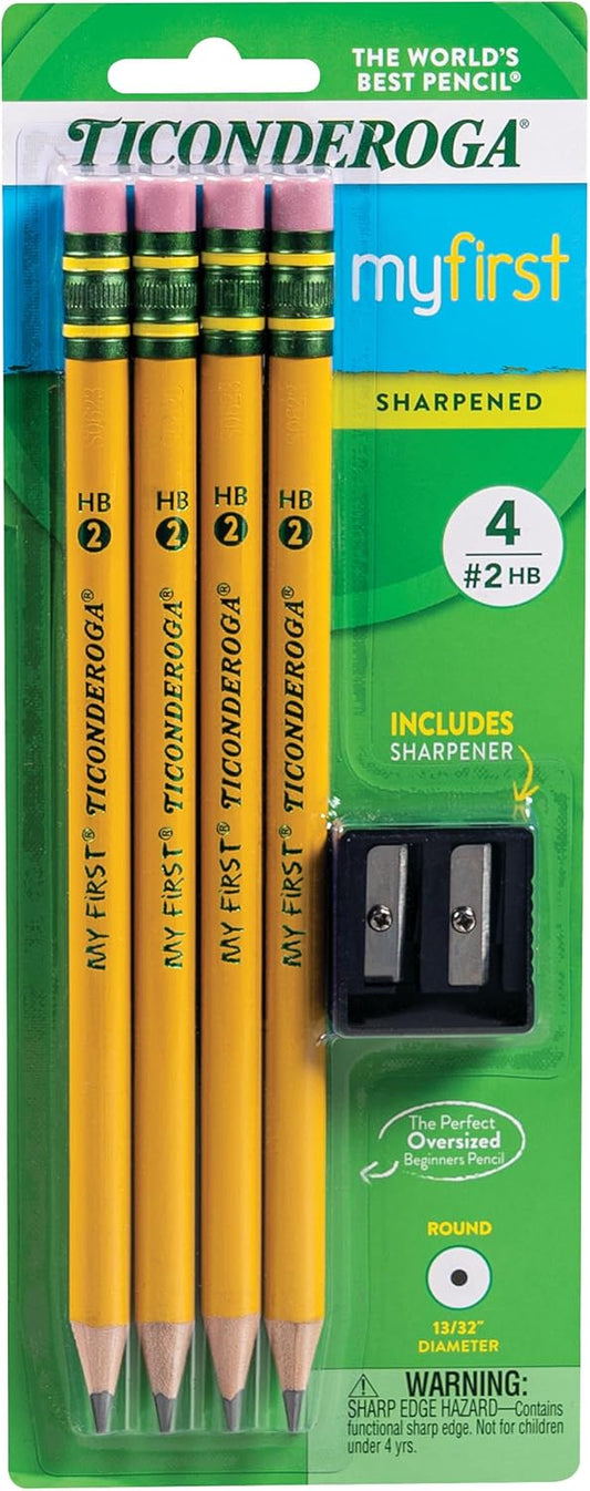 Ticonderoga My First Wood-Cased Pencils. Pre-Sharpened. 2 HB. With Sharpener. Yellow. 4 Count
