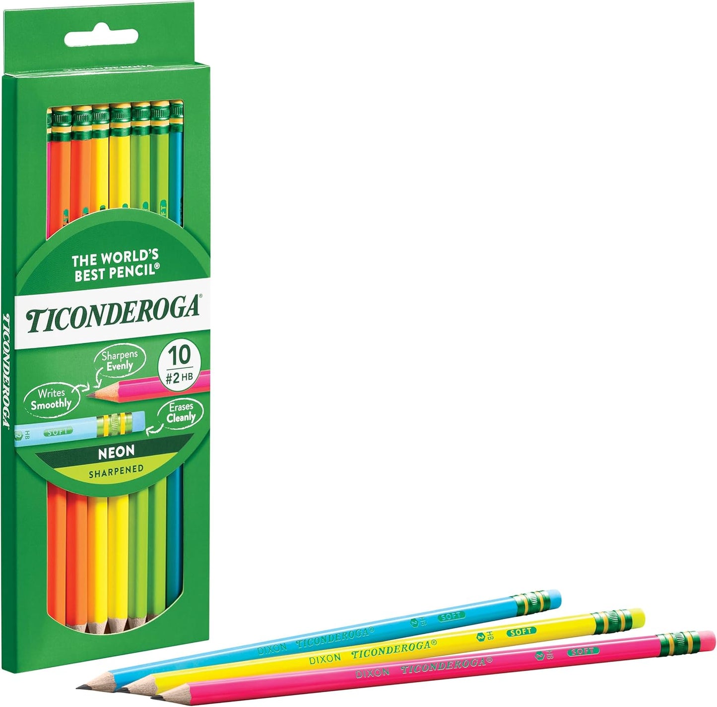 Ticonderoga Wood-Cased Pencils. Pre-Sharpened. #2 HB Soft. Neon Colors. 10 Count
